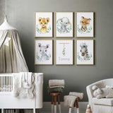 Safari animal nursery prints set with baby animals and eucalyptus foliage