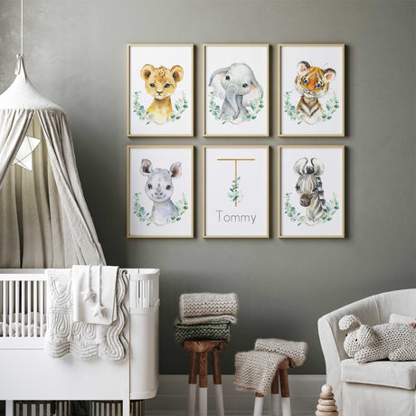 Safari animal nursery prints set with baby animals and eucalyptus foliage