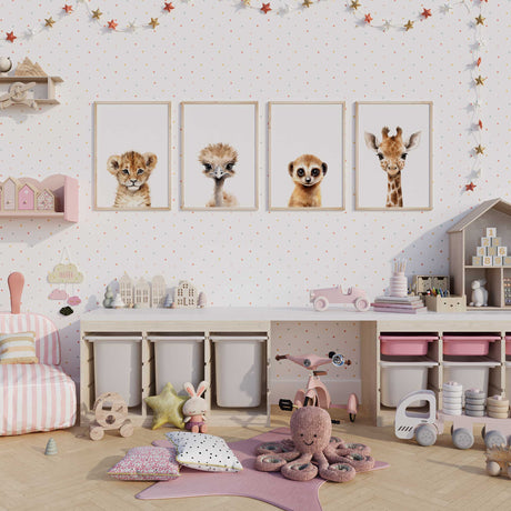 Set of 4 safari nursery prints featuring lion cub, ostrich, meerkat and giraffe wall art for kids room or baby decor