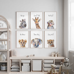 Set of 6 safari animal nursery prints featuring zebra, giraffe, monkey, lion cub, elephant, and cheetah with inspirational quotes – perfect for kids' room decor.