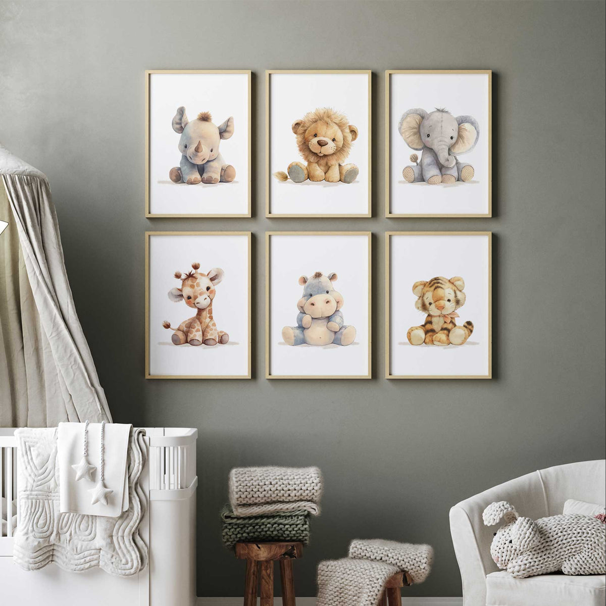 Six soft toy style safari nursery prints featuring rhino, lion, elephant, giraffe, hippo and tiger on light backgrounds.