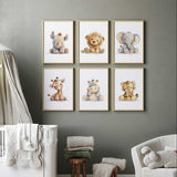 Six soft toy style safari nursery prints featuring rhino, lion, elephant, giraffe, hippo and tiger on light backgrounds.