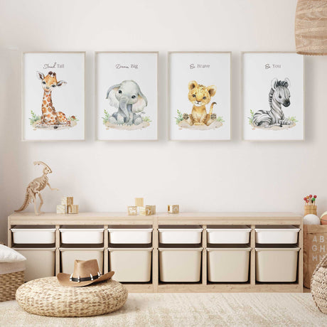 Safari animal nursery wall art set with giraffe, elephant, lion and zebra prints with inspirational quotes
