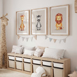 Safari animal nursery wall art set with giraffe, zebra and lion prints