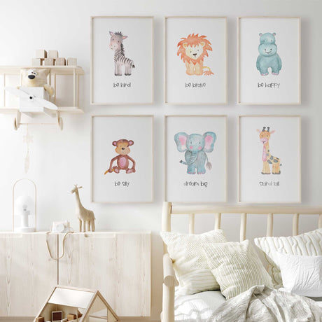 Safari animal nursery wall art set featuring baby jungle animals
