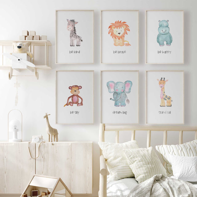 Safari animal nursery wall art set featuring baby jungle animals