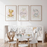 Personalised safari animal nursery wall art set for baby girl room