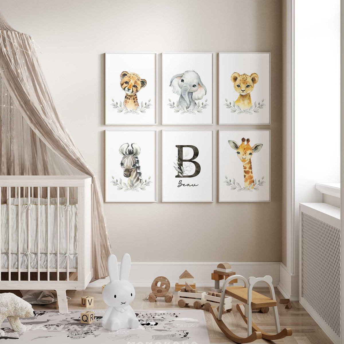 Personalised Safari Animal Nursery Wall Art Set of 6 – My Tommy Prints