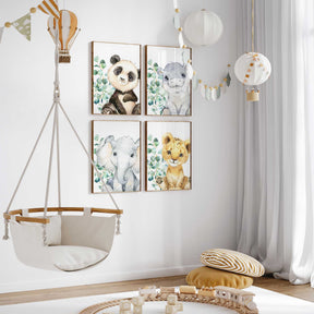 Safari animal nursery wall art set of 4 with hippo, lion cub, elephant and panda prints