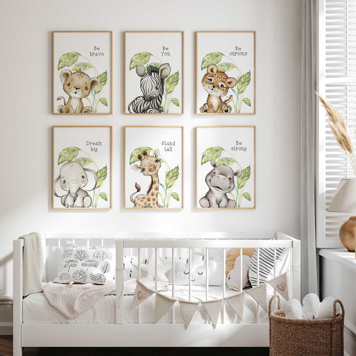 Safari animal quote nursery wall art set of 6 with lion, zebra, leopard, elephant, giraffe and hippo prints