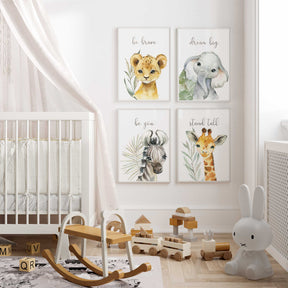 Safari nursery wall art set with lion, elephant, zebra, and giraffe inspirational quotes