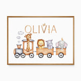 Safari animal train name print showing kids name above a giraffe, lion, hippo and elephant in soft brown and grey tones.