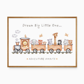 Safari animal train wall art with lion, elephant, monkey, hippo, giraffe, zebra, rhino, and bear in watercolour style