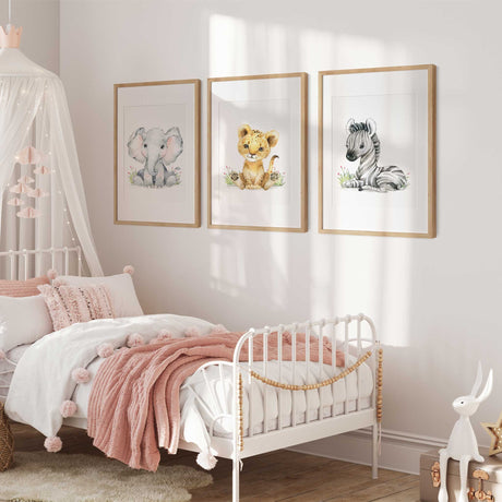 Safari animal wall art set of 3 prints for nursery or playroom decor