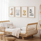 Safari animal wall art set featuring watercolour elephant, lion cub, zebra and giraffe illustrations