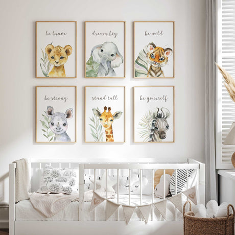 Set of 6 animal affirmation prints in soft neutral colours for baby room decor