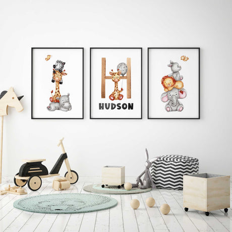 Safari animal print set for nursery walls, including elephant, lion, zebra, and more