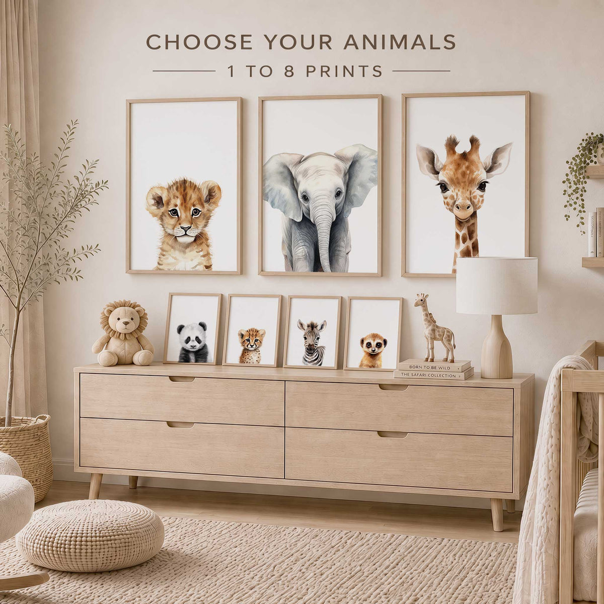 baby animal portraits featuring lion, elephant, cheetah, rhino, giraffe and zebra on white backgrounds.