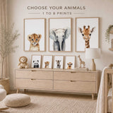 baby animal portraits featuring lion, elephant, cheetah, rhino, giraffe and zebra on white backgrounds.