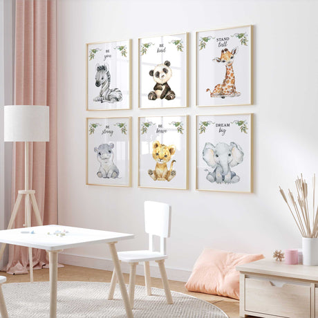 Safari baby room affirmation wall art set featuring zebra, lion, elephant and giraffe