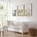 Safari baby room wall art set featuring elephant lion and zebra nursery decor