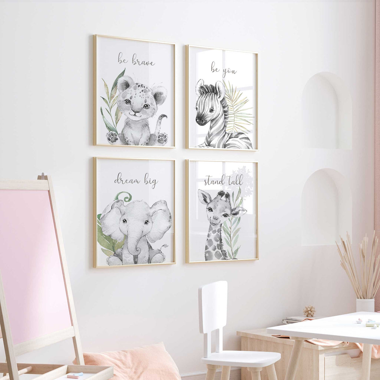 set of 4 safari animals in black and white with green foliage nursery prints