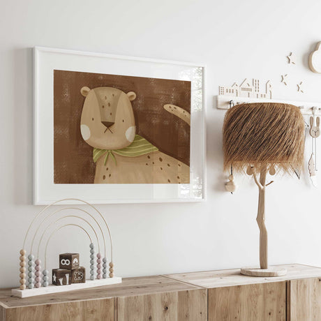 Safari cheetah nursery decor in soft brown and green tones