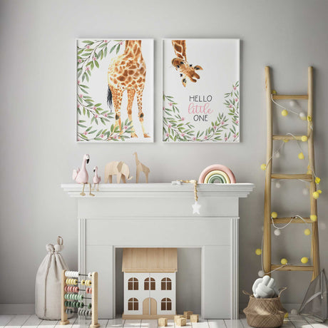 Safari giraffe wall print for girls nursery with soft pink florals