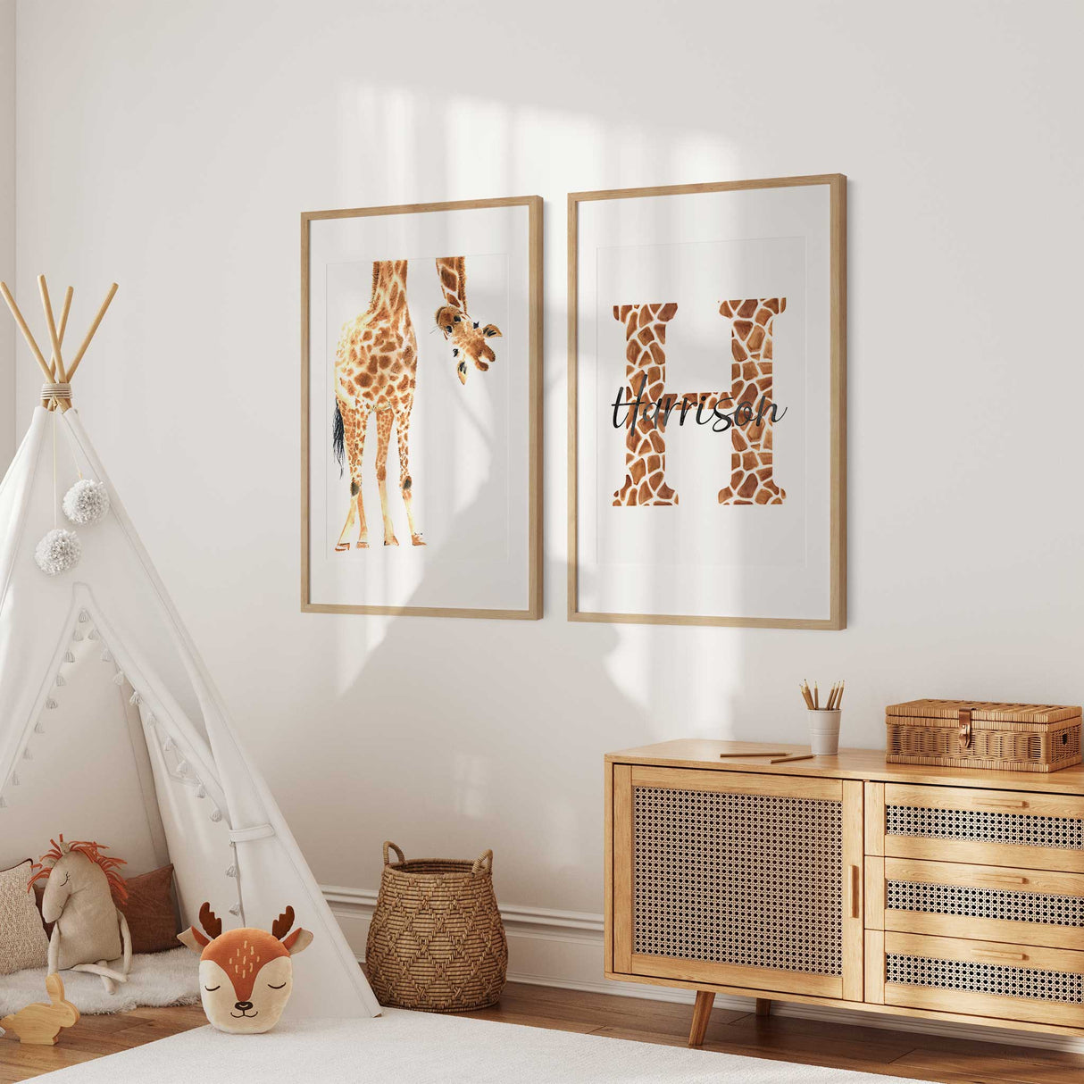 safari giraffe initial wall art print with custom child name
