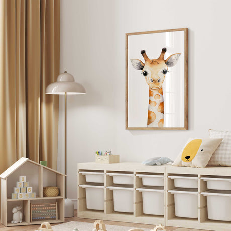 Safari giraffe kids wall art print showing a sweet giraffe in a soft modern nursery setting