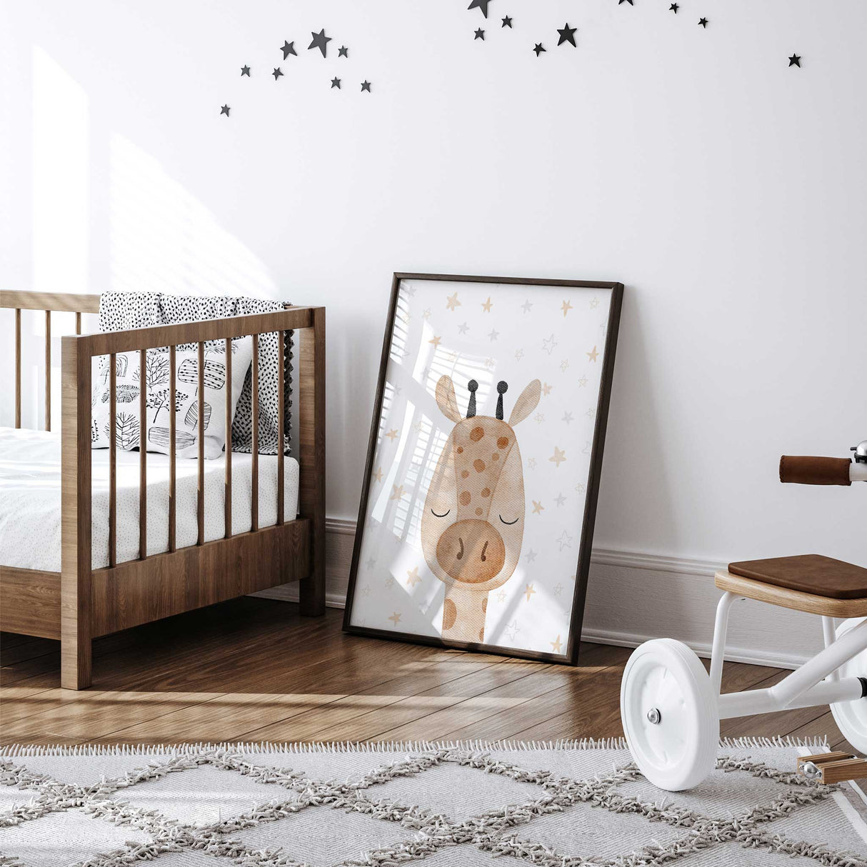 Giraffe safari nursery wall art with star background