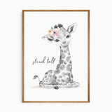 Watercolour giraffe nursery print with quote “Stand tall,” featuring a floral crown in soft pastel tones, perfect wall art for girls safari-themed nursery or bedroom.