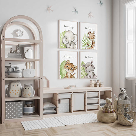 Safari jungle animal nursery wall art set of four prints with positive quotes, perfect for baby boys or girls room and playroom décor.