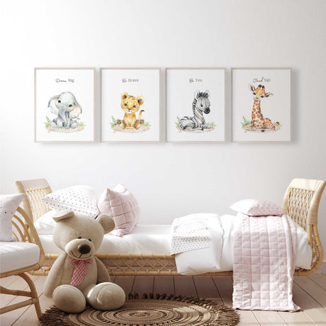Safari baby animals wall art set featuring lion, zebra, elephant, and giraffe prints with motivational phrases