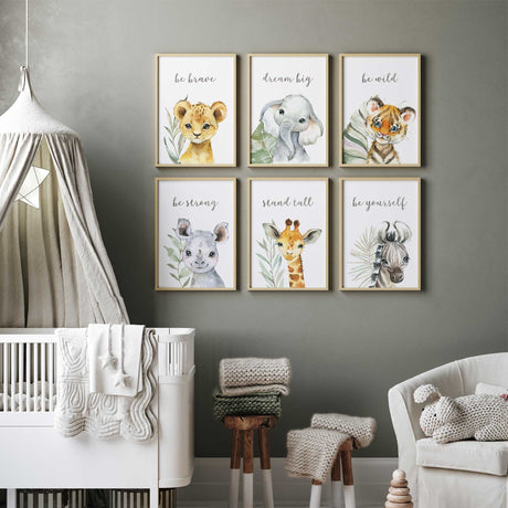 Jungle-themed kids wall art featuring motivational quotes and safari animals