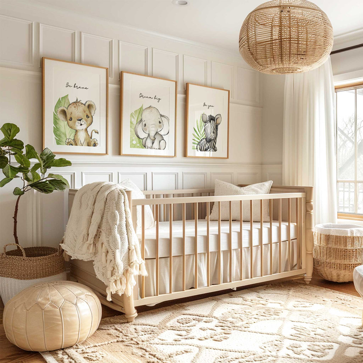 Safari nursery wall art set with elephant lion and zebra baby animal prints