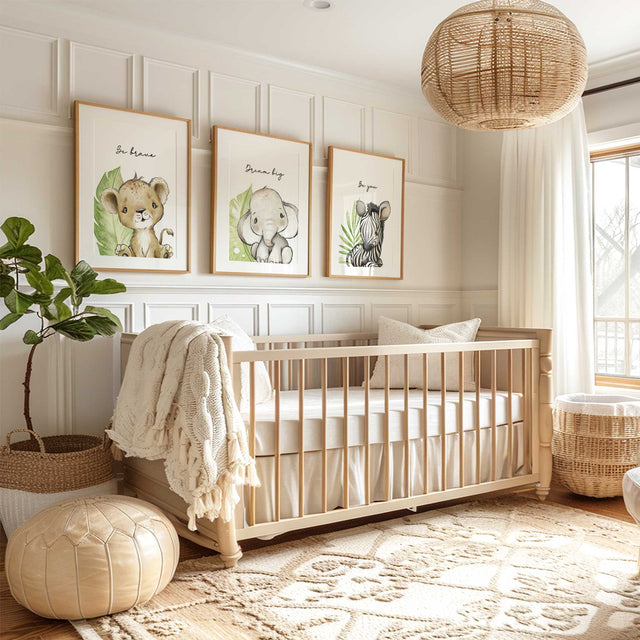 Safari nursery wall art set with elephant lion and zebra baby animal prints