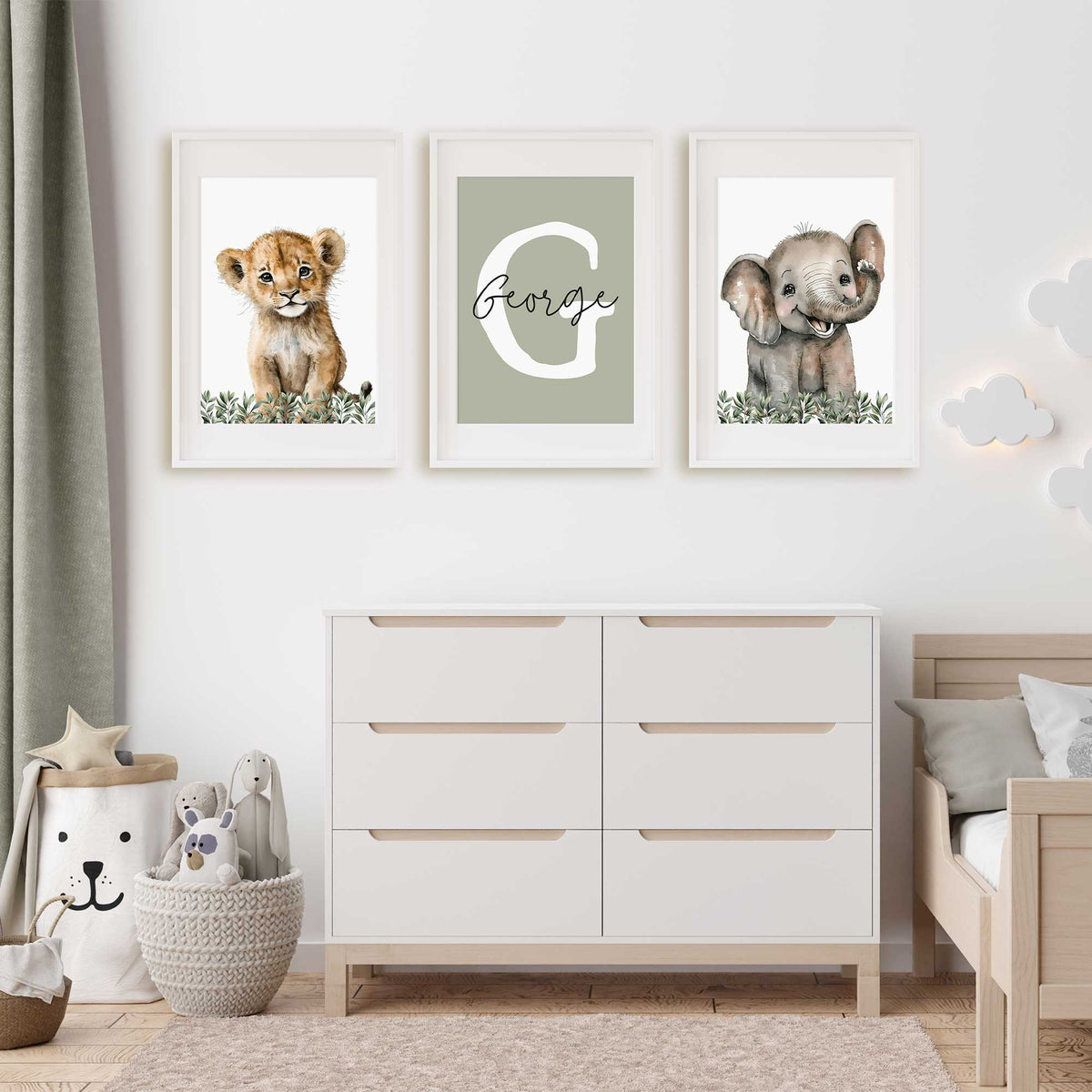 Personalised Safari Nursery Prints Set of 3 Animal Wall Art – My Tommy ...