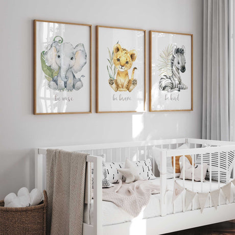 Set of 3 safari nursery prints with elephant lion and zebra