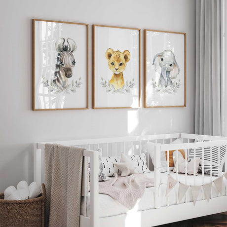 Set of 3 safari nursery prints with elephant lion cub and zebra wall art
