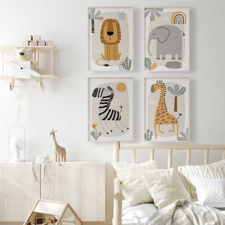 Safari nursery prints set of four lion elephant zebra giraffe wall art