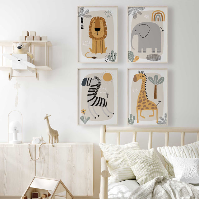 Safari nursery prints set of four lion elephant zebra giraffe wall art