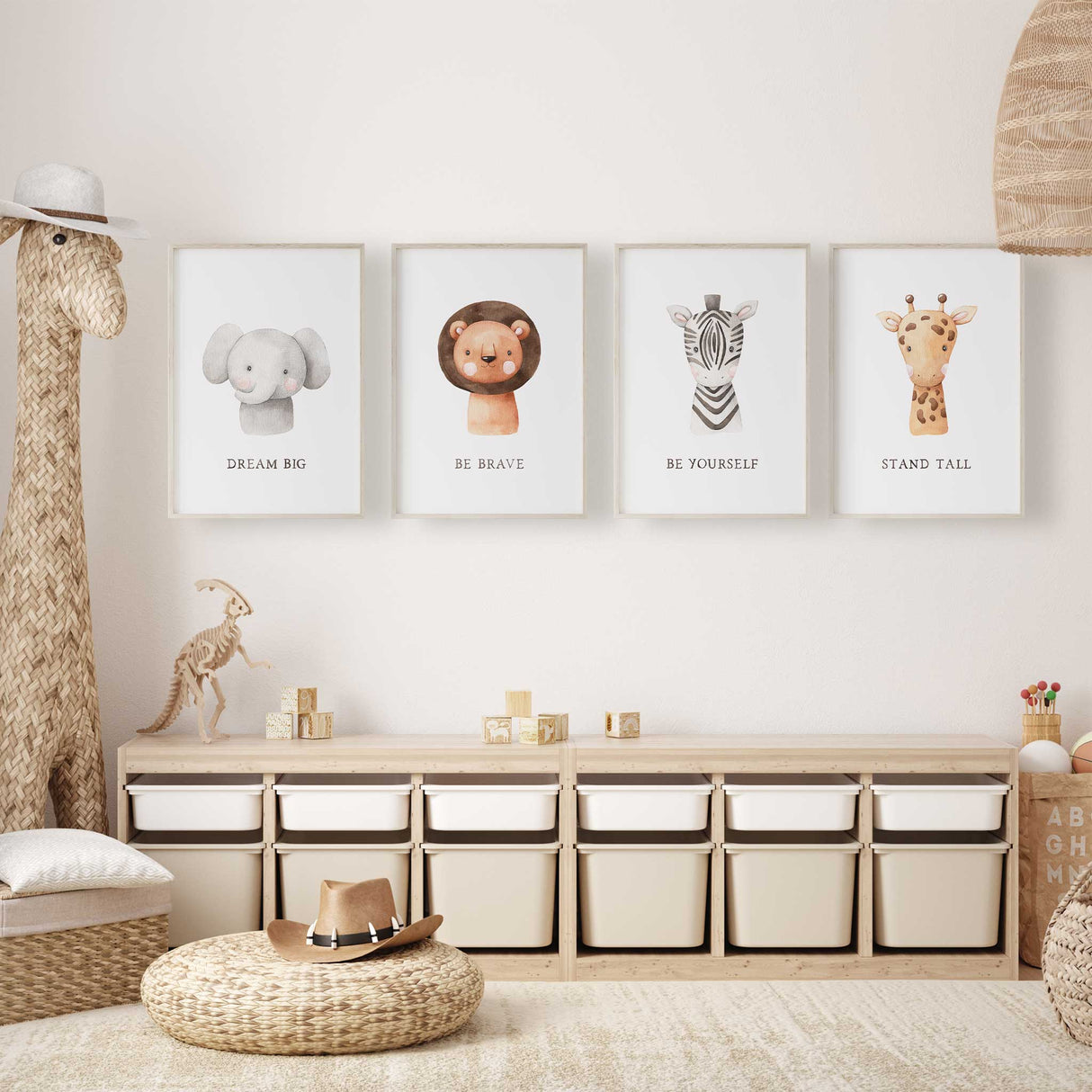 safari nursery wall art descor with elephant lion zebra and giraffe prints
