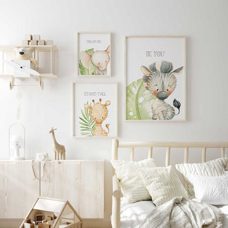 Safari nursery wall art set of 3 with giraffe zebra and elephant prints