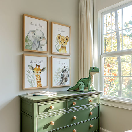 Safari nursery wall art set of four with lion elephant zebra and giraffe