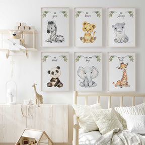 Safari nursery wall art set of six animal affirmation prints in neutral baby room