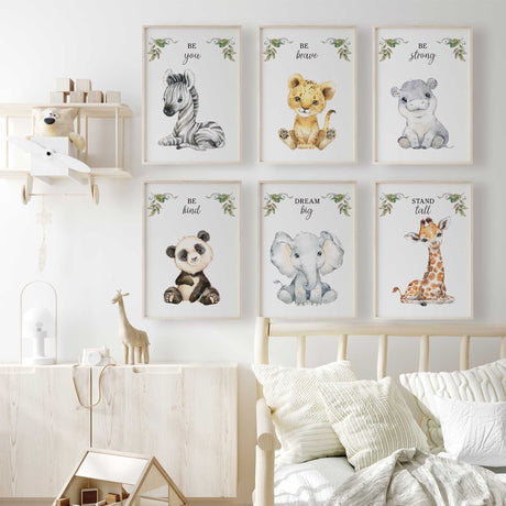 Safari nursery wall art set of six animal affirmation prints in neutral baby room