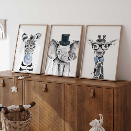 safari nursery wall art set of three animal prints for baby room