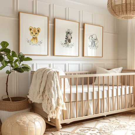 Safari nursery wall art set of three with elephant lion cub and zebra