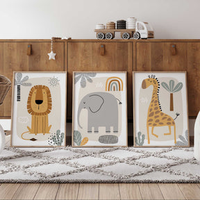 safari trio of lion elephant and giraffe prints